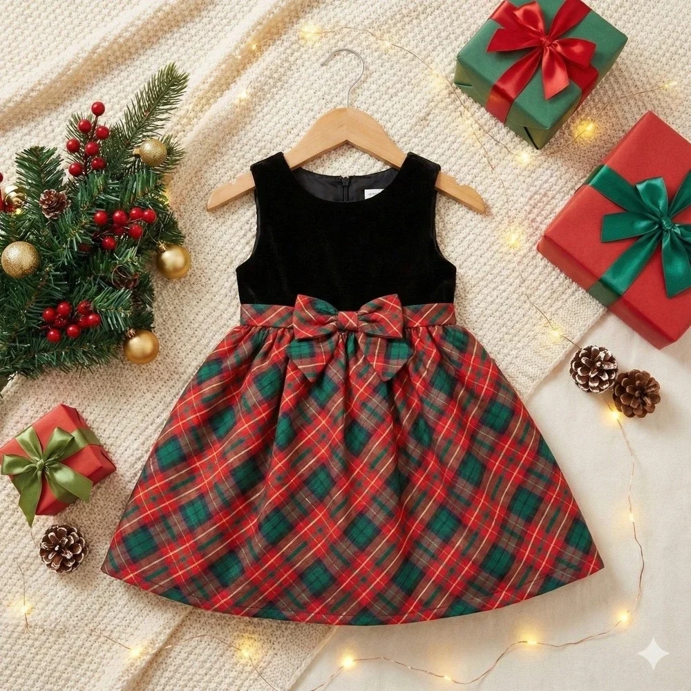 Gymboree Girls 3T‎ Dress Velvet Plaid Holiday Sparkle Bow Party Special Occasion